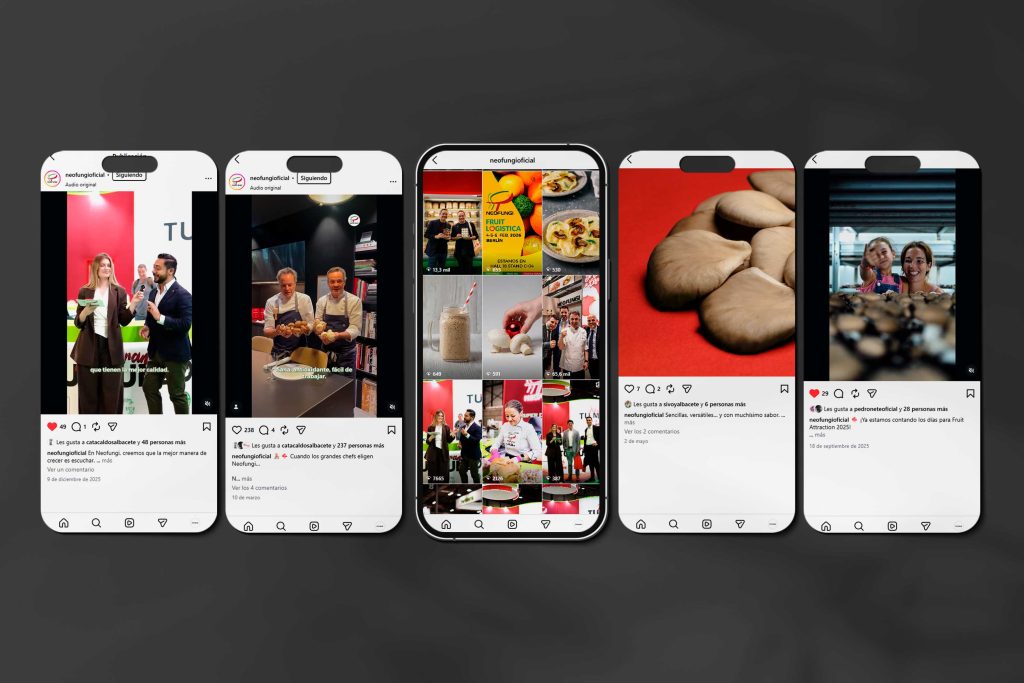 Departamento de marketing para Neofungi: estrategia, contenidos, redes sociales, influencers, fotografía, vídeo y comunicación para ferias internacionales.